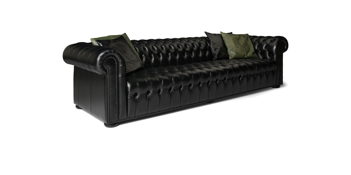Charles Chesterfield sofa in black leather, three-quarter view
