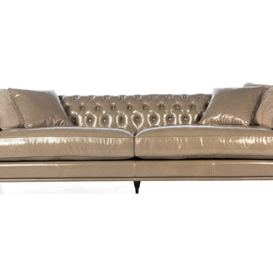 Edward Chesterfield Koltuk, metalik bronz deri, kapitone, kırlent, önden görünüm
