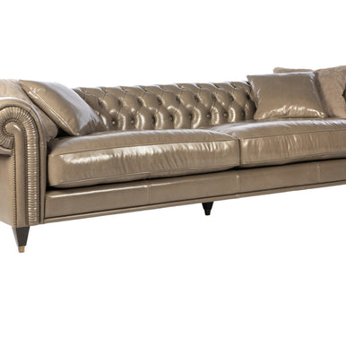 Edward Chesterfield Koltuk, metalik bronz deri, kapitone, kırlent, çapraz görünüm