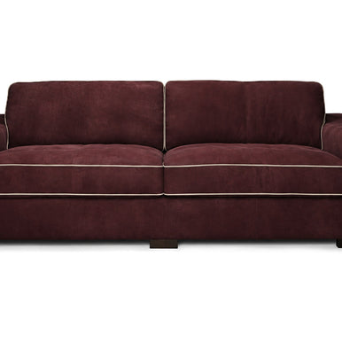 Eros sofa in burgundy with contrast piping, front view