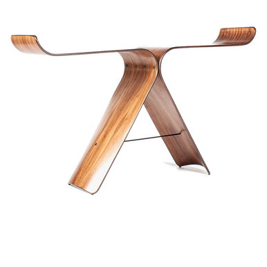 Grace console in walnut, three-quarter view