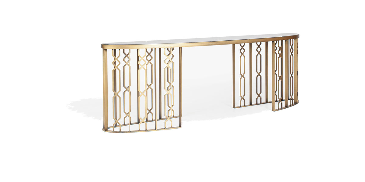 HTC console with brass frame, three-quarter view