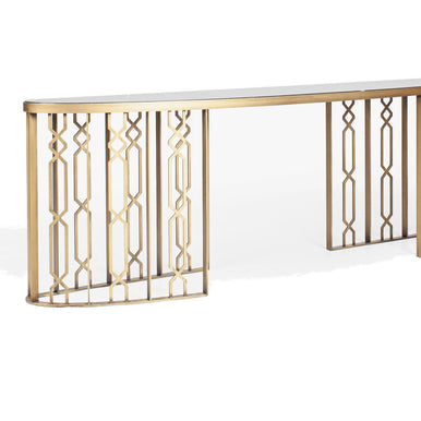HTC console with brass frame, three-quarter view