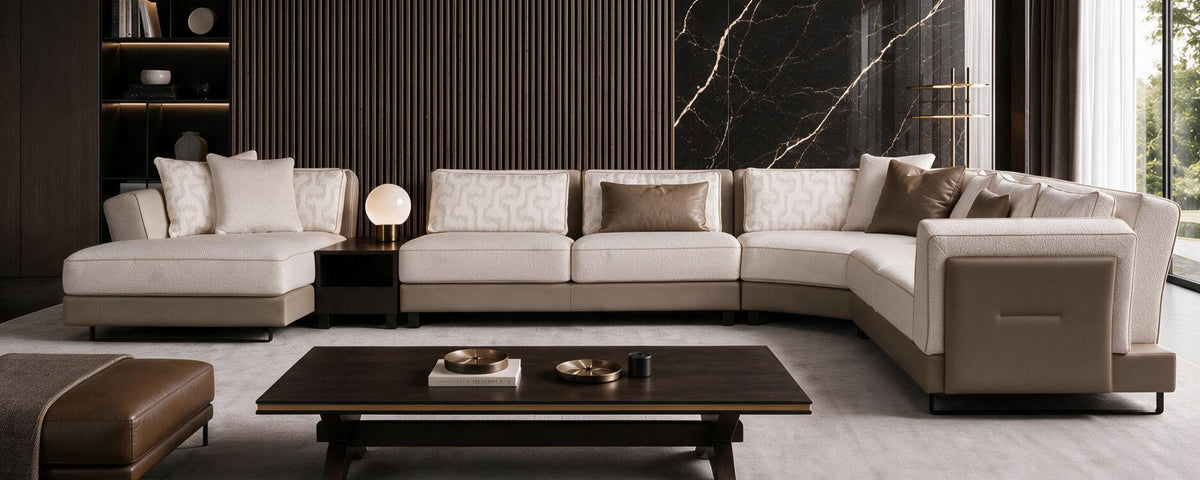 Cream modular corner sofa with a dark wood coffee table in a living room