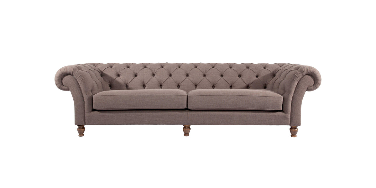 London chesterfield sofa in taupe fabric with button-tufted back and rolled arms, front view