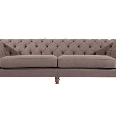 London chesterfield sofa in taupe fabric with button-tufted back and rolled arms, front view