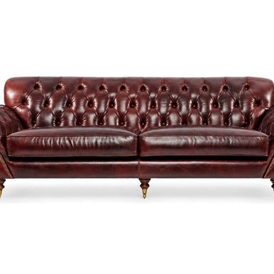 Ramses Chesterfield Koltuk, bordo deri, kapitone sırt, yuvarlak kollar ve tekerlekli torna ayaklar, önden görünüm