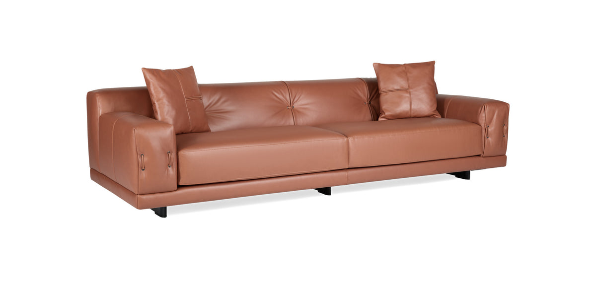 Rosalinda sofa in tan leather, three-quarter view