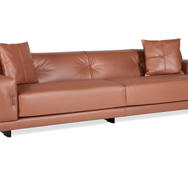 Rosalinda sofa in tan leather, three-quarter view