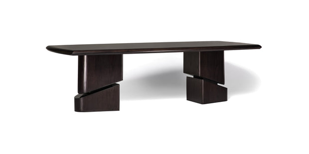 Samurai dining table in dark wood, three-quarter view